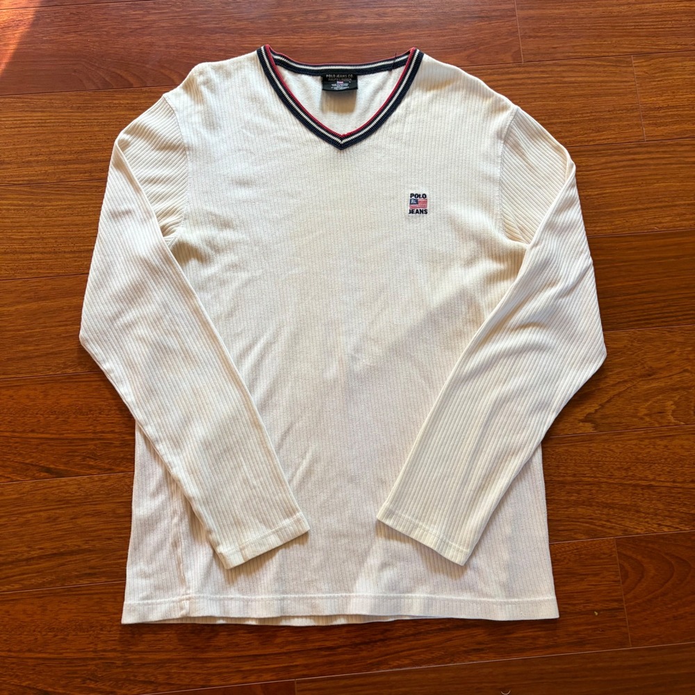 Polo Jeans Co Ralph Lauren Vintage V-Neck Ribbed Long Sleeve Shirt Sweater Cream